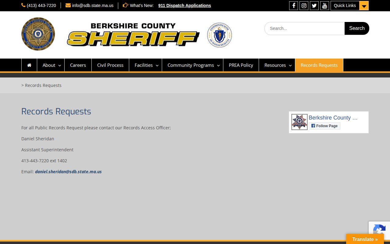 Berkshire County Jail release records request contact